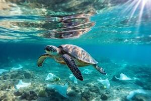 Schildkröten können Essen Plastik Taschen verwechseln Sie zum Qualle, ai generativ foto