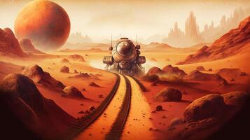Mars Rover auf Planet Oberfläche futuristisch Fahrzeug im Marsmensch Wüste, ai generativ foto