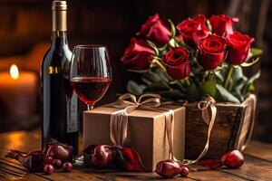 Geschenke zum Valentinstag mit Wein und Rosen, ai generativ foto