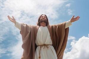 Jesus erziehen Hände beleuchtet mit Licht, ai generativ foto