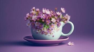 ein Bündel Blume auf ein Tasse auf lila Hintergrund, ai generativ foto