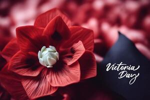 Victoria Tag mit rot Blume Hintergrund, ai generativ foto