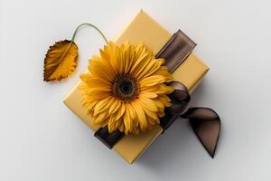 Geschenk Box im Kunst Papier und Sonnenblume auf Spitze, ai generativ foto