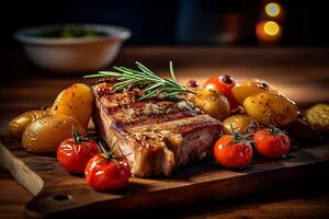 frisch köstlich saftig Steak auf das Knochen mit Gemüse, ai generativ foto