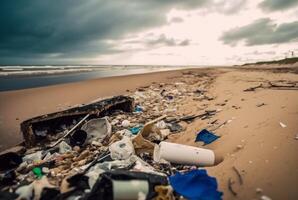 Müll verstreut auf das Strand. generativ ai foto