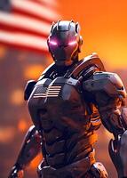 Zukunft Militär- USA Roboter Soldat Armee, idenpendece Tag 4 Juli, amerikanisch Flagge Hintergrund, generativ ai foto