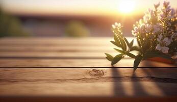 hölzern leer oder leeren Tischplatte im Frühling Jahreszeit beim Morgen mit Sonnenuntergang Licht, Frühling Sommer- Blumen Dekorationen und Natur Aussicht zum spotten hoch, mit generativ ai. foto