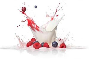 Erdbeeren und Beeren Milch Smoothie Spritzen isoliert auf Weiß Hintergrund, cremig Joghurt, Dessert Süßigkeiten eingetaucht Produkte, mit generativ ai. foto