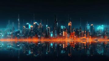 Blau und Orange Farbe Neon- Mega Stadt Hauptstadt Türme mit futuristisch Technologie Hintergrund, Zukunft modern Gebäude virtuell Wirklichkeit, Digital Design, Digital Technologie Szene mit generativ ai. foto