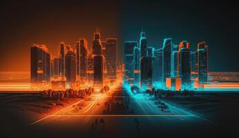 Blau und Orange Farbe Neon- Mega Stadt Hauptstadt Türme mit futuristisch Technologie Hintergrund, Zukunft modern Gebäude virtuell Wirklichkeit, Digital Design, Digital Technologie Szene mit generativ ai. foto