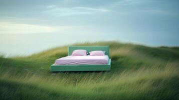 einsam Bett Stand auf Gras Düne Hügel mit schön Himmel, surreal traumhaft Landschaft, minimal Hintergrund, kreativ Szene, Wüste Szene mit Möbel, mit generativ ai. foto