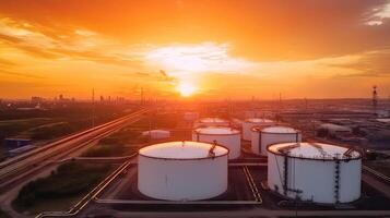 Antenne oben Aussicht von Fabrik Bahnhof, Öl Treibstoff Lager Panzer, Petroleum Raffinerie, Manufaktur, industriell Prozess Pflanze Öl Raffinerie zum Energie mit generativ ai. foto