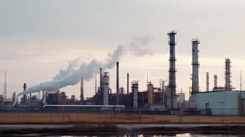 Antenne oben Aussicht von Fabrik Bahnhof, Öl Treibstoff Lager Panzer, Petroleum Raffinerie, Manufaktur, industriell Prozess Pflanze Öl Raffinerie zum Energie mit generativ ai. foto