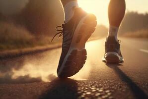 schließen oben von Schuhe, Sportler Fuß Läufer Laufen auf das Straße im das Sonne im das Morgen. generativ ai foto