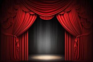 Magie Theater Bühne rot Vorhänge Show Scheinwerfer. generativ ai foto
