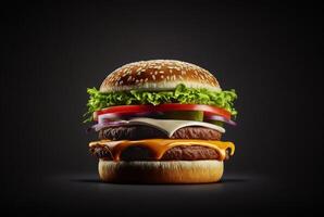köstlich und attraktiv Hamburger mit erfrischend Zutaten auf ein dunkel Hintergrund. generativ ai foto
