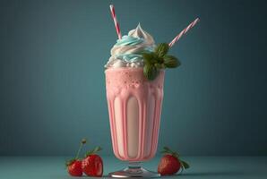 Erdbeere Milchshake mit Pastell- Hintergrund. generativ ai foto