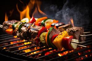 Fleisch Kebabs mit Gemüse auf flammend Grill. generativ ai foto