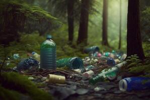 Müll übersät Waldverschmutzung Konzept. generativ ai foto