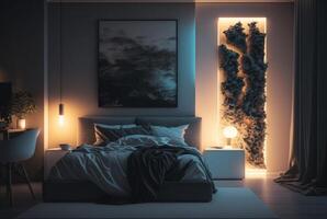 ein luxuriös inländisch Zimmer beleuchtet beim Nacht, mit kompliziert Möbel und die Architektur präsentieren Reichtum und Komfort. generativ ai foto