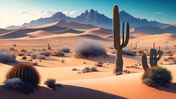 Wüste Landschaft mit Kakteen und Berge. ai generiert foto