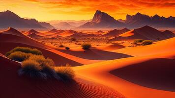 Fantasie Landschaft mit rot Sand Dünen. ai generiert. foto