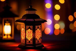 Laternen zum Ramadan kareem auf Bokeh Hintergrund. generativ ai foto