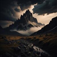 Fantasie Landschaft mit Berge im das Wolken. generativ ai foto