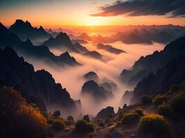 Fantasie Landschaft mit Berge im das Wolken. generativ ai foto