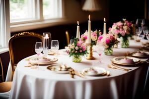 Tabelle einstellen zum Hochzeit oder andere Feier im das Garten. selektiv Fokus. generativ ai foto
