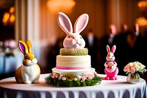 Ostern Hase und Kuchen auf ein Rosa Tischdecke. generativ ai foto