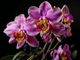 Strauß von Rosa Orchideen auf ein dunkel Hintergrund. generativ ai foto