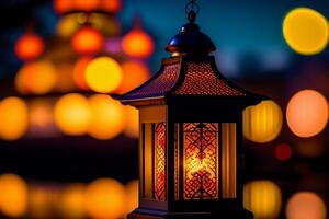 Laternen zum Ramadan kareem auf Bokeh Hintergrund. generativ ai foto