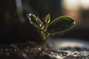 jung Pflanze mit Wasser Tropfen, erstellt mit generativ ai foto