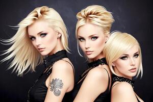 drei schön sexy blond Frauen mit Tätowierungen auf ihr Waffen und Schulter, drei im schwarz Kleider Pose zum das Kamera auf ein dunkel Hintergrund, Digital Wiedergabe, gotisch Kunst. generativ ai foto