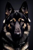 Hund Deutsche Schäfer mit ein Halsband um seine Hals sieht aus beim das Kamera auf ein schwarz Hintergrund, fotorealistisch Bild. generativ ai, generativ, ai foto