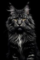 grau Maine Waschbär Katze mit Gelb Augen, Sitzung auf ein schwarz Hintergrund, Regal, fotorealistisch Bild. generativ ai, generativ, ai foto