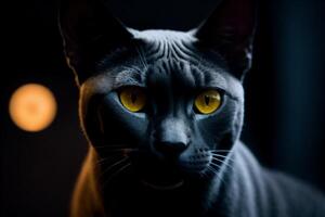 ein schwarz Katze mit Gelb Augen sieht aus beim das Kamera gegen ein verschwommen Hintergrund von Beleuchtung im das Hintergrund, Neoismus. generativ ai, generativ, ai foto
