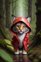 ein Miniatur Spielzeug Tiger im ein rot Mantel steht im ein Wald mit ein Pfütze von Wasser, im das Regen, Fotorealismus. generativ ai, generativ, ai foto