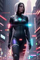 ein Frau im ein futuristisch Kostüm Gehen durch das Nacht Stadt mit Neon- Beleuchtung auf ihr Truhe und Kopf, Cyberpunk Stil, Retrofuturismus. generativ ai, generativ, ai foto