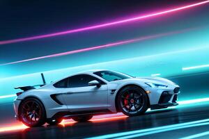 ein Weiß Sport Auto Fahren Nieder ein Nacht Straße mit hell Beleuchtung auf das Seiten gegen das Hintergrund von Neon- Beleuchtung. generativ ai foto