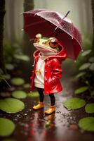 ein Miniatur Spielzeug Frosch im ein rot Regenjacke steht im ein Wald mit ein Pfütze von Wasser, im das Regen, Fotorealismus. generativ ai, generativ, ai foto