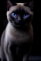 Siamese Katze mit Blau Augen sitzt auf ein schwarz Hintergrund, Blau Augen, Porträt, gotisch. generativ ai, generativ, ai foto