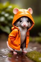 ein Miniatur Spielzeug Maus im ein Orange Regenjacke steht im ein Wald mit ein Pfütze von Wasser, im das Regen, Fotorealismus. generativ ai, generativ, ai foto