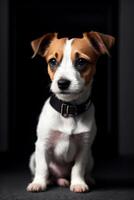ein klein Hund, Jack Russell Terrier sitzt auf ein schwarz Oberfläche mit ein schwarz Hintergrund und ein schwarz Halsband um seine Nacken, Tier Fotografie, Porträt, Stil. generativ ai, generativ, ai foto