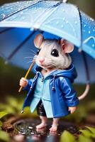 ein Miniatur Spielzeug Maus im ein Blau Regenjacke steht im ein Wald mit ein Pfütze von Wasser, im das Regen, Fotorealismus. generativ ai, generativ, ai foto