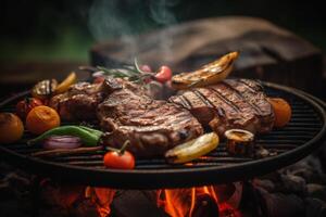 köstlich gegrillt Fleisch mit Gemüse brutzelnd Über das Kohlen auf ein Grill, generativ ai foto