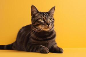 ein Katze Sitzung auf ein Gelb Oberfläche suchen beim das Kamera, generativ ai foto
