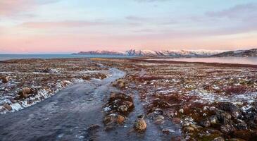eisig Winter Straße durch das Tundra Hügel im Teriberka. wunderbar Panorama- Berg Landschaft mit Tundra auf das Barents Meer. foto
