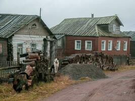 authentisch Dorf auf das Ufer von das Kandalaksha Bucht von das Weiß Meer. das Hof Hund ist auf bewachen. Kola Halbinsel. Russland foto